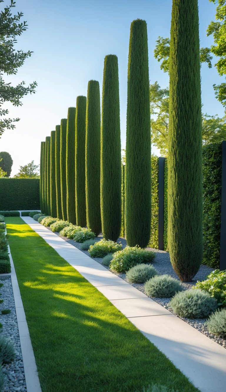 A narrow garden pathway lined with tall, slender Italian cypress trees and green grass under a clear sky.